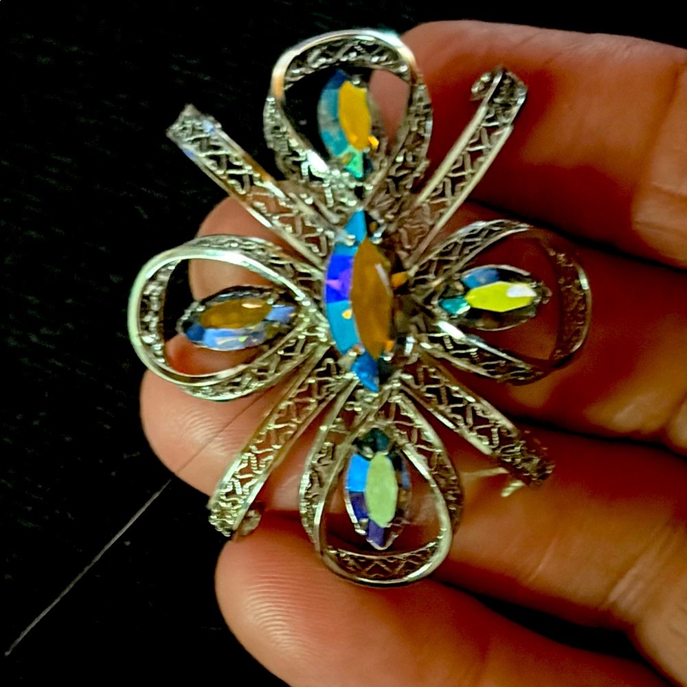 Vintage sterling silver Aurora borealis brooch